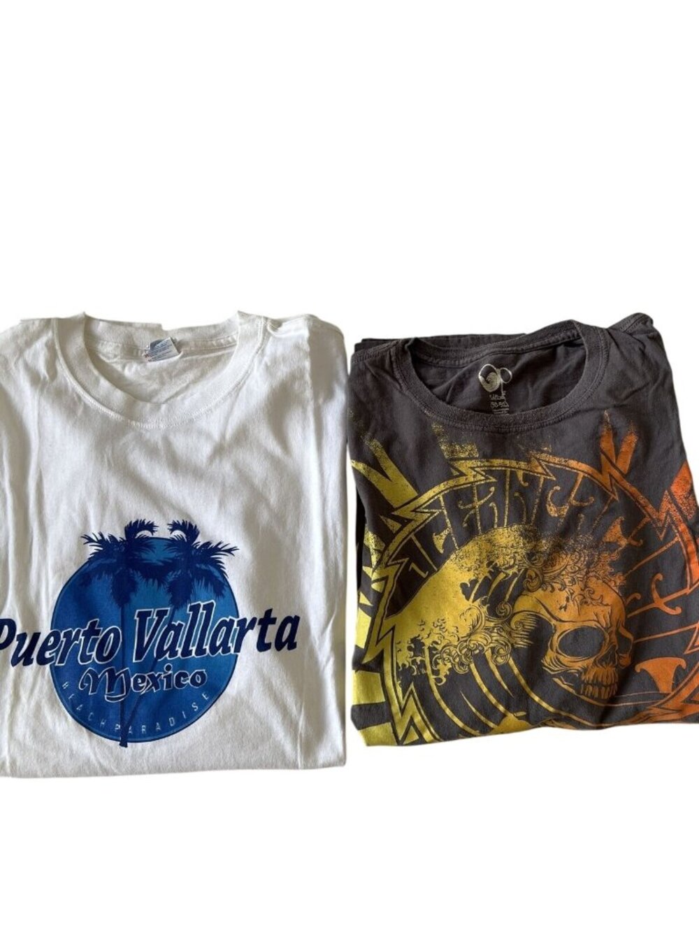 BUNDLED Mens Puerto Vallarta White Tee & Gray Skull Graphic Tee Bundle XL
